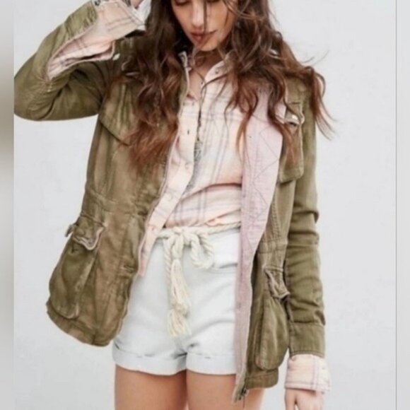 Free People Distressed Olive Button Front Relaxed Military Jacket Gorpcore Boho - Picture 16 of 16